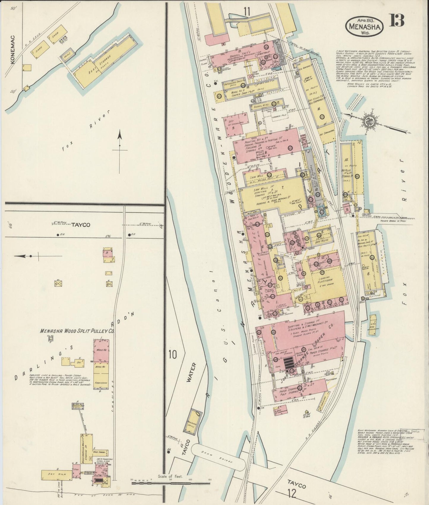 Sanborn Fire Insurance Map from Menasha, Winnebago County, Wisconsin (1913), Sheet #0013 - Historic Sanborn Fire Insurance Map Print, vintage old map wall art, antique decor, genealogy gift, Wisconsin Wisconsin map
