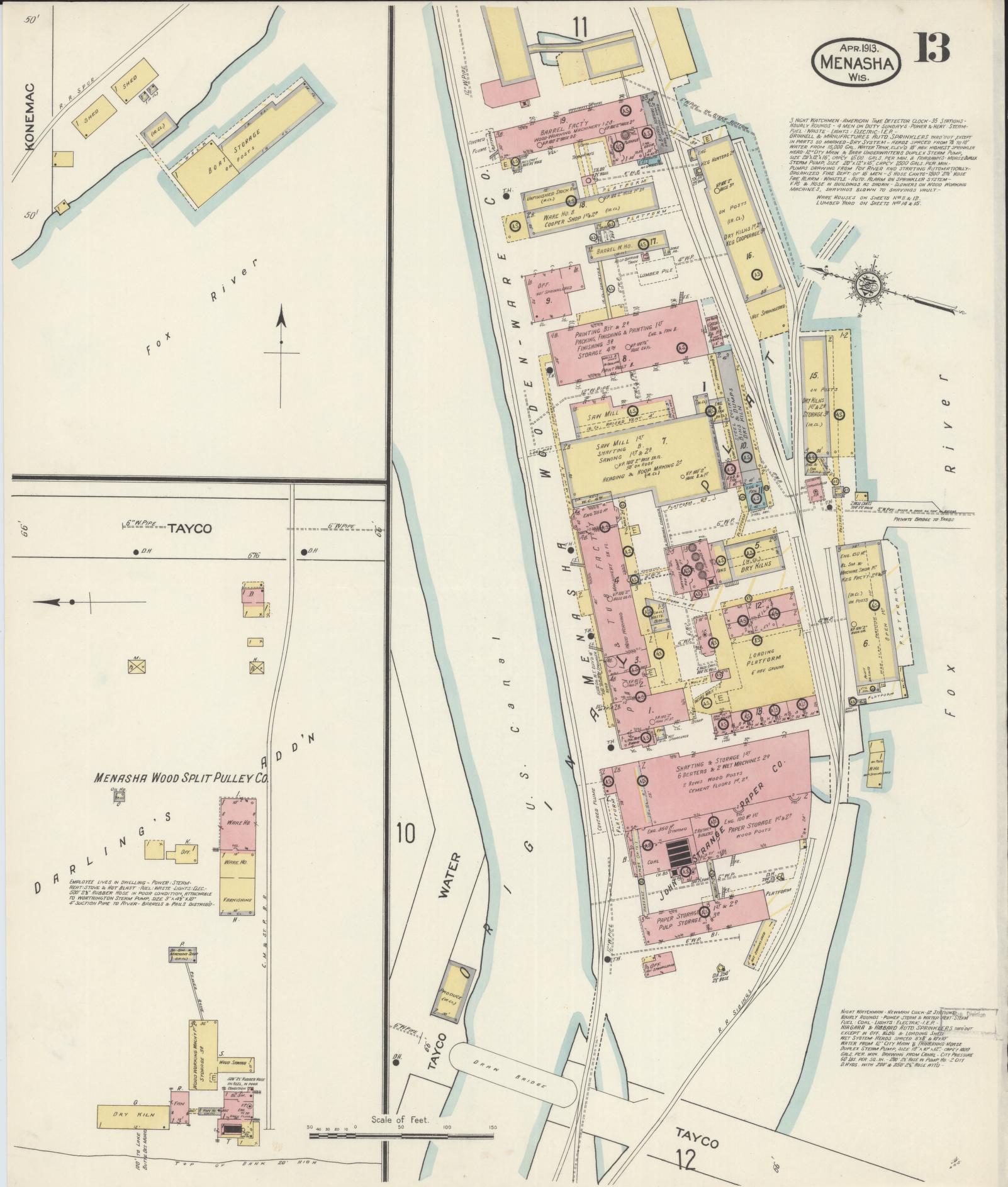 Sanborn Fire Insurance Map from Menasha, Winnebago County, Wisconsin (1913), Sheet #0013 - Historic Sanborn Fire Insurance Map Print, vintage old map wall art, antique decor, genealogy gift, Wisconsin Wisconsin map