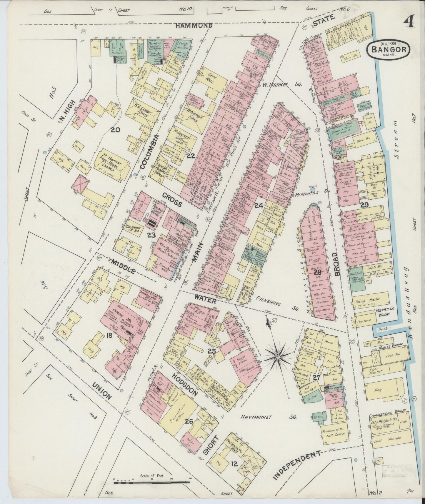 Sanborn Fire Insurance Map from Bangor, Penobscot County, Maine (1889), Sheet #0004 - Complete Map Set gallery image, historic Sanborn map, vintage wall art, Maine Maine