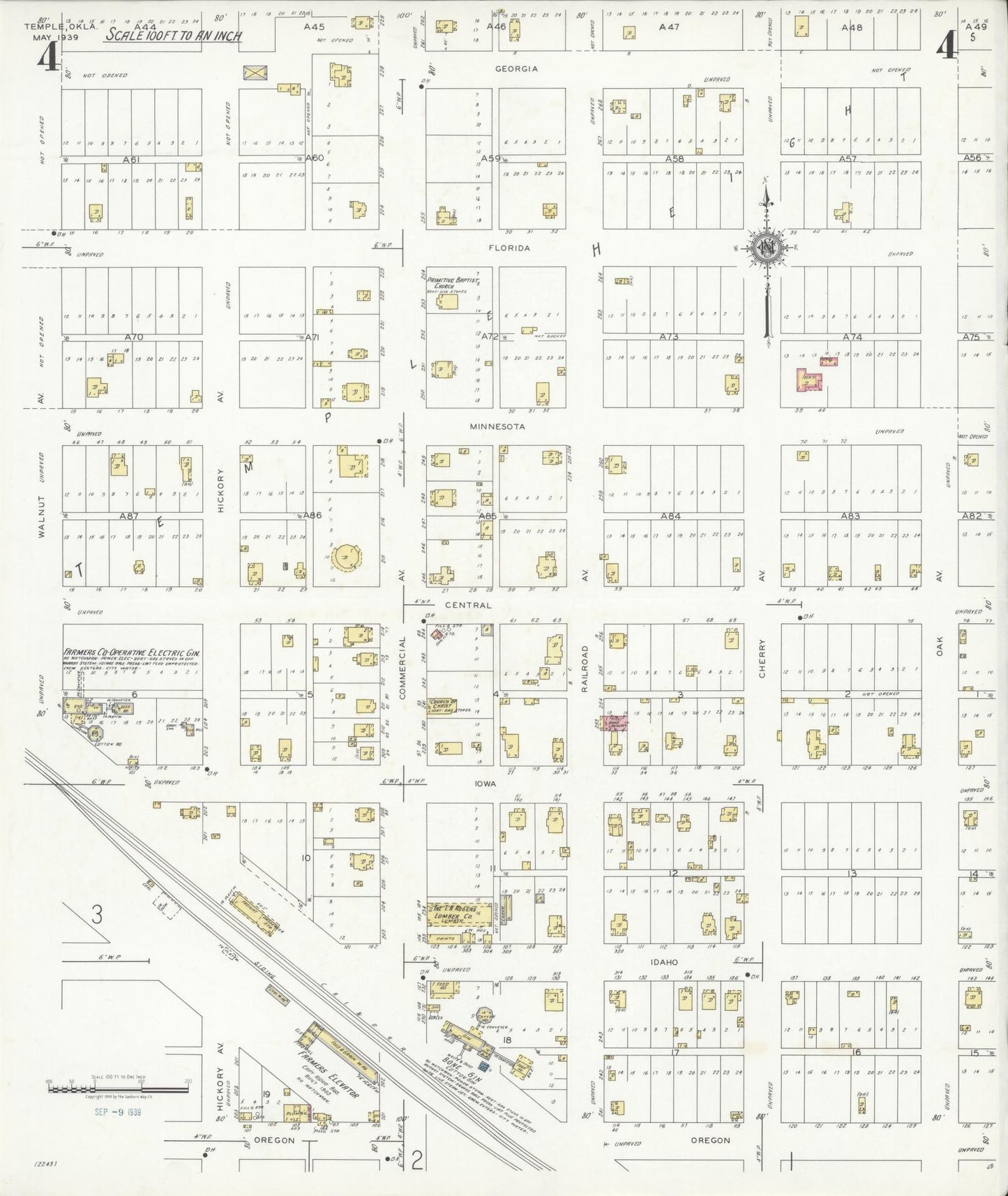 Sanborn Fire Insurance Map from Temple, Cotton County, Oklahoma (1939), Sheet #0004 - Complete Map Set gallery image, historic Sanborn map, vintage wall art, Oklahoma Oklahoma
