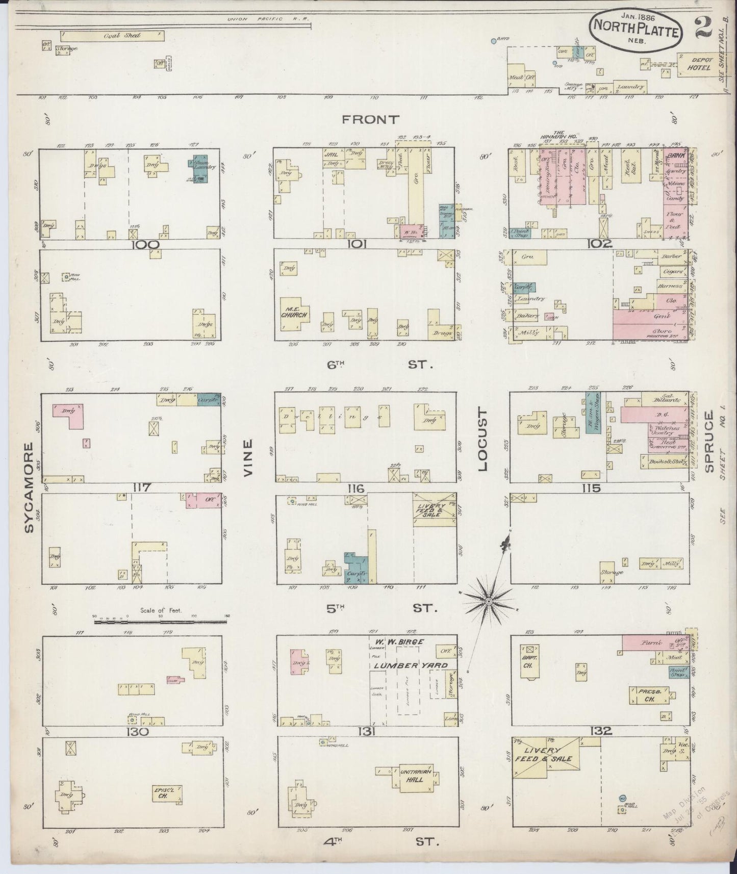 Sanborn Fire Insurance Map from North Platte, Lincoln County, Nebraska (1886), Sheet #0002 - Historic Sanborn Fire Insurance Map Print, vintage old map wall art, antique decor, genealogy gift, Nebraska Nebraska map