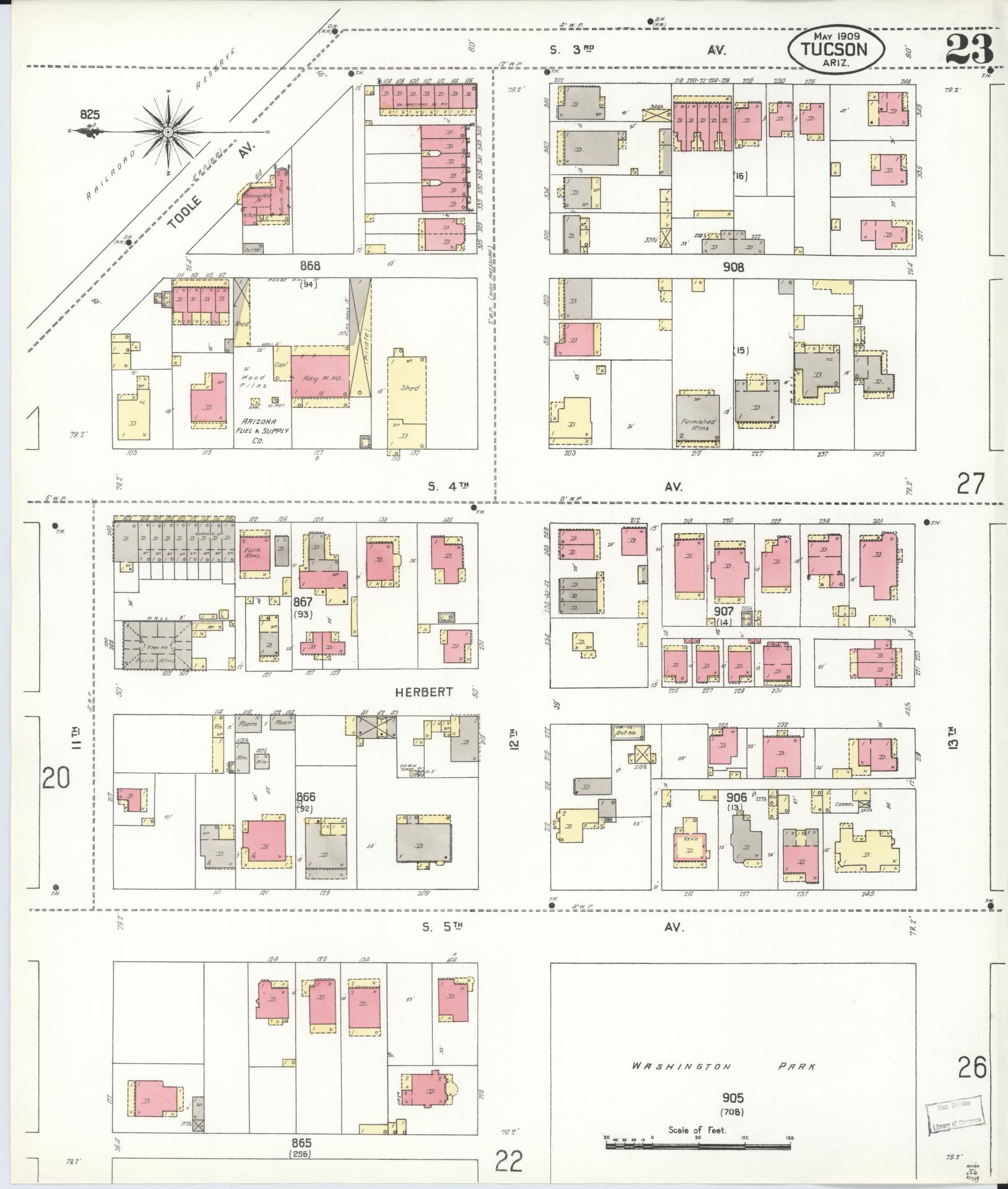 Sanborn Fire Insurance Map from Tucson, Pima County, Arizona (1909), Sheet #0023 - Complete Map Set gallery image, historic Sanborn map, vintage wall art, Arizona Arizona
