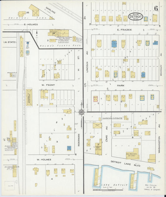 Sanborn Fire Insurance Map from Detroit Lakes, Becker County, Minnesota (1917), Sheet #0006 - Historic Sanborn Fire Insurance Map Print, vintage old map wall art, antique decor, genealogy gift, Minnesota Minnesota map