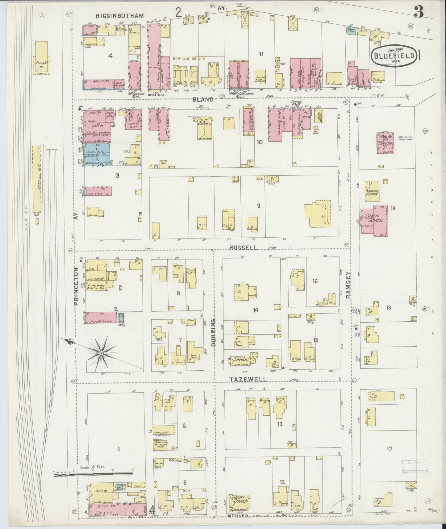Sanborn Fire Insurance Map from Bluefield, Mercer County, West Virginia (1897), Sheet #0003 - Complete Map Set gallery image, historic Sanborn map, vintage wall art, West Virginia West Virginia