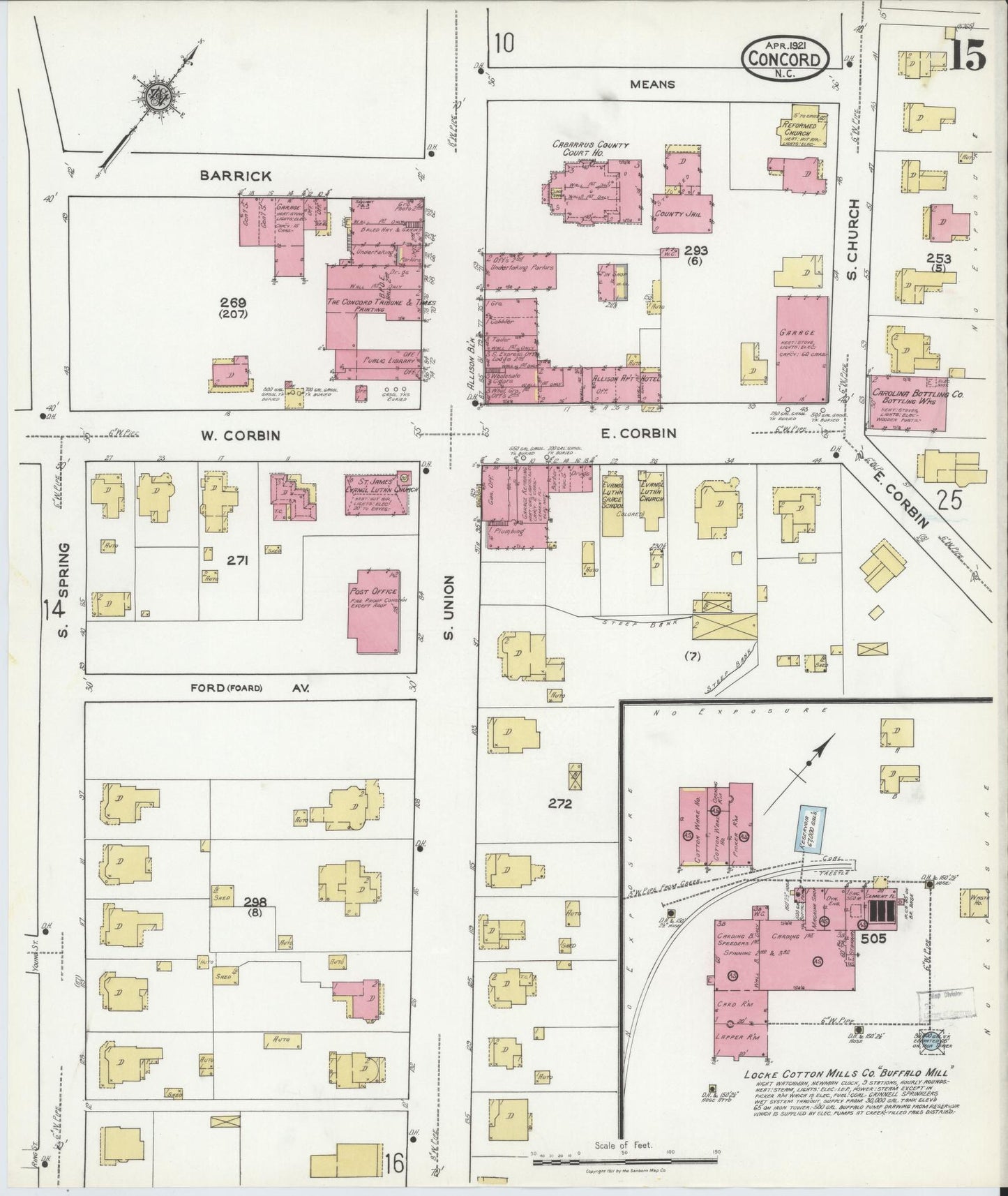 Sanborn Fire Insurance Map from Concord, Cabarrus County, North Carolina (1921), Sheet #0015 - Complete Map Set gallery image, historic Sanborn map, vintage wall art, North Carolina North Carolina