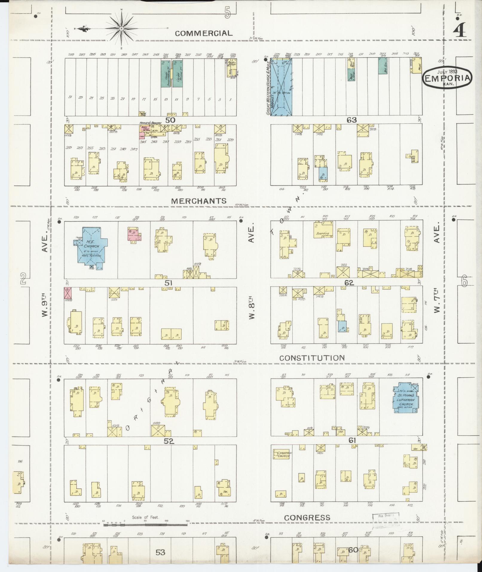 Sanborn Fire Insurance Map from Emporia, Lyon County, Kansas (1893), Sheet #0004 - Complete Map Set gallery image, historic Sanborn map, vintage wall art, Kansas Kansas