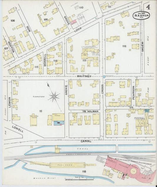 Sanborn Fire Insurance Map from Nashua, Hillsborough County, New Hampshire (1892), Sheet #0004 - Historic Sanborn Fire Insurance Map Print, vintage old map wall art, antique decor, genealogy gift, New Hampshire New Hampshire map