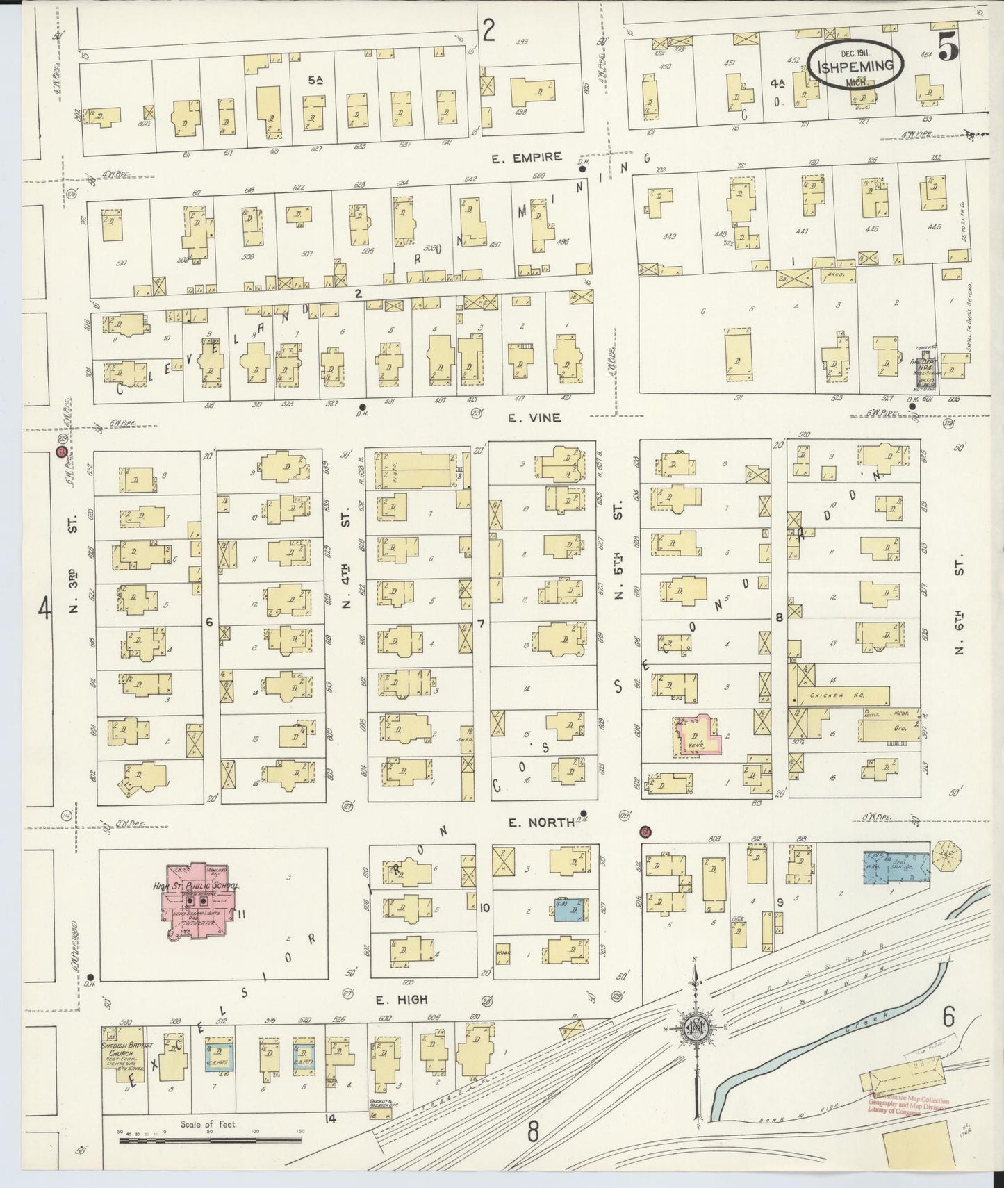 Sanborn Fire Insurance Map from Ishpeming, Marquette County, Michigan (1911), Sheet #0005 - Historic Sanborn Fire Insurance Map Print, vintage old map wall art, antique decor, genealogy gift, Michigan Michigan map
