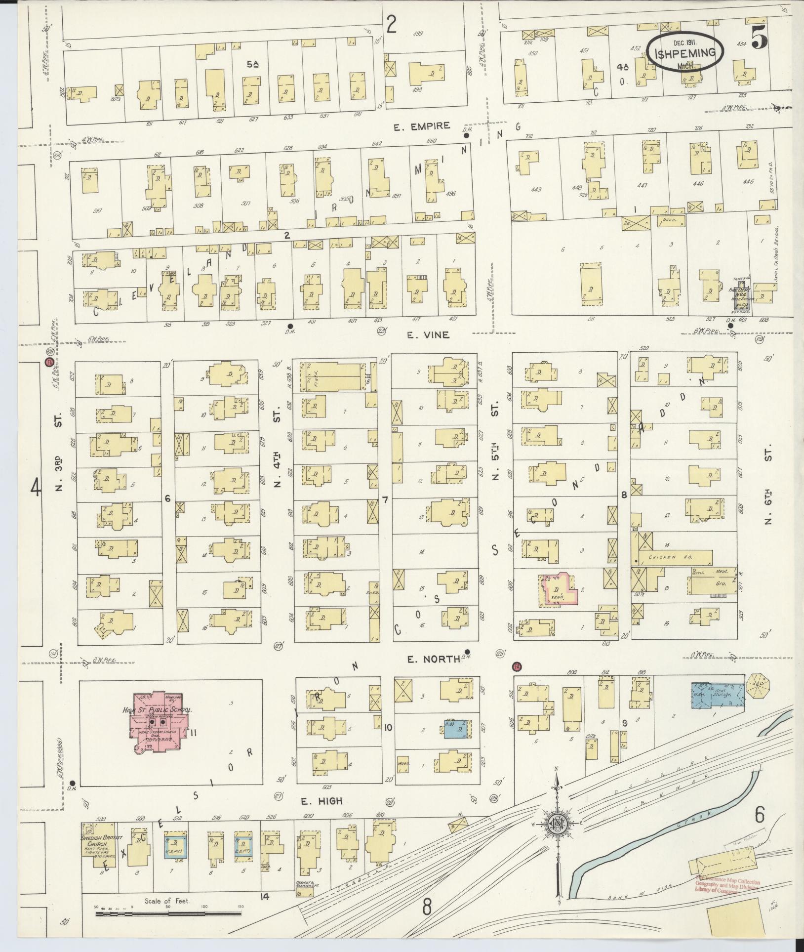 Sanborn Fire Insurance Map from Ishpeming, Marquette County, Michigan (1911), Sheet #0005 - Historic Sanborn Fire Insurance Map Print, vintage old map wall art, antique decor, genealogy gift, Michigan Michigan map