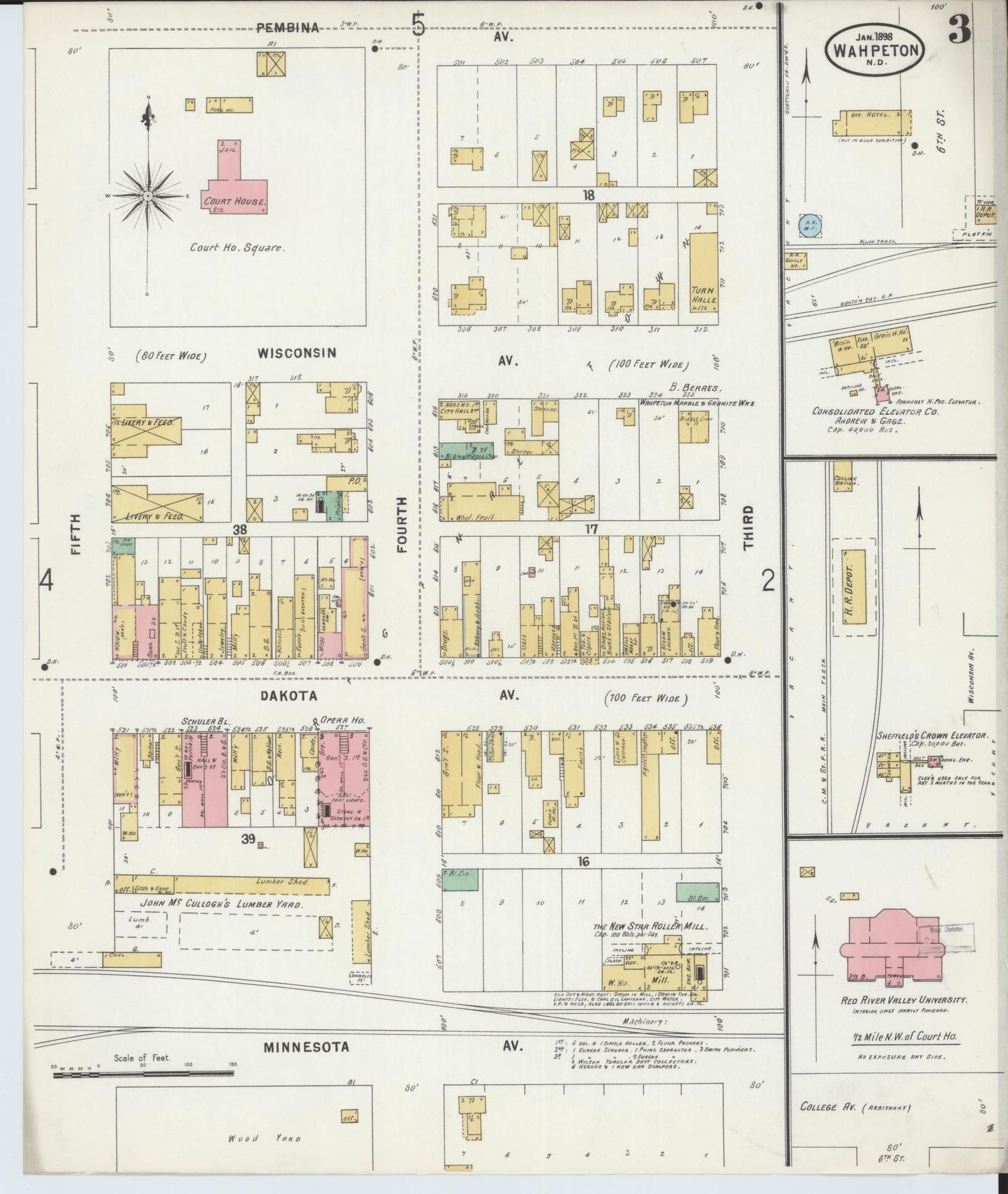 Sanborn Fire Insurance Map from Wahpeton, Richland County, North Dakota (1898), Sheet #0003 - Complete Map Set gallery image, historic Sanborn map, vintage wall art, North Dakota North Dakota
