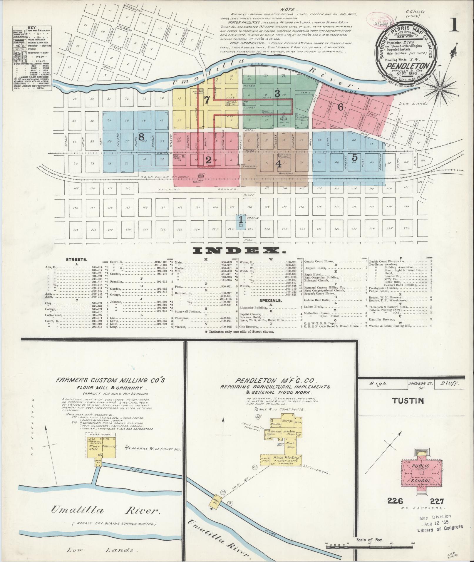 Sanborn Fire Insurance Map from Pendleton, Umatilla County, Oregon (1890), Sheet #0001 - Complete Map Set gallery image, historic Sanborn map, vintage wall art, Oregon Oregon