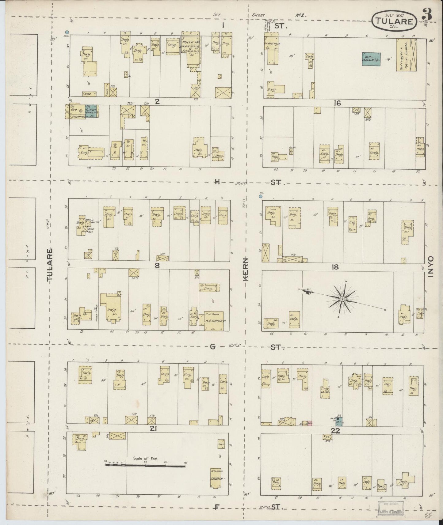 Sanborn Fire Insurance Map from Tulare, Tulare County, California (1887), Sheet #0003 - Complete Map Set gallery image, historic Sanborn map, vintage wall art, California California