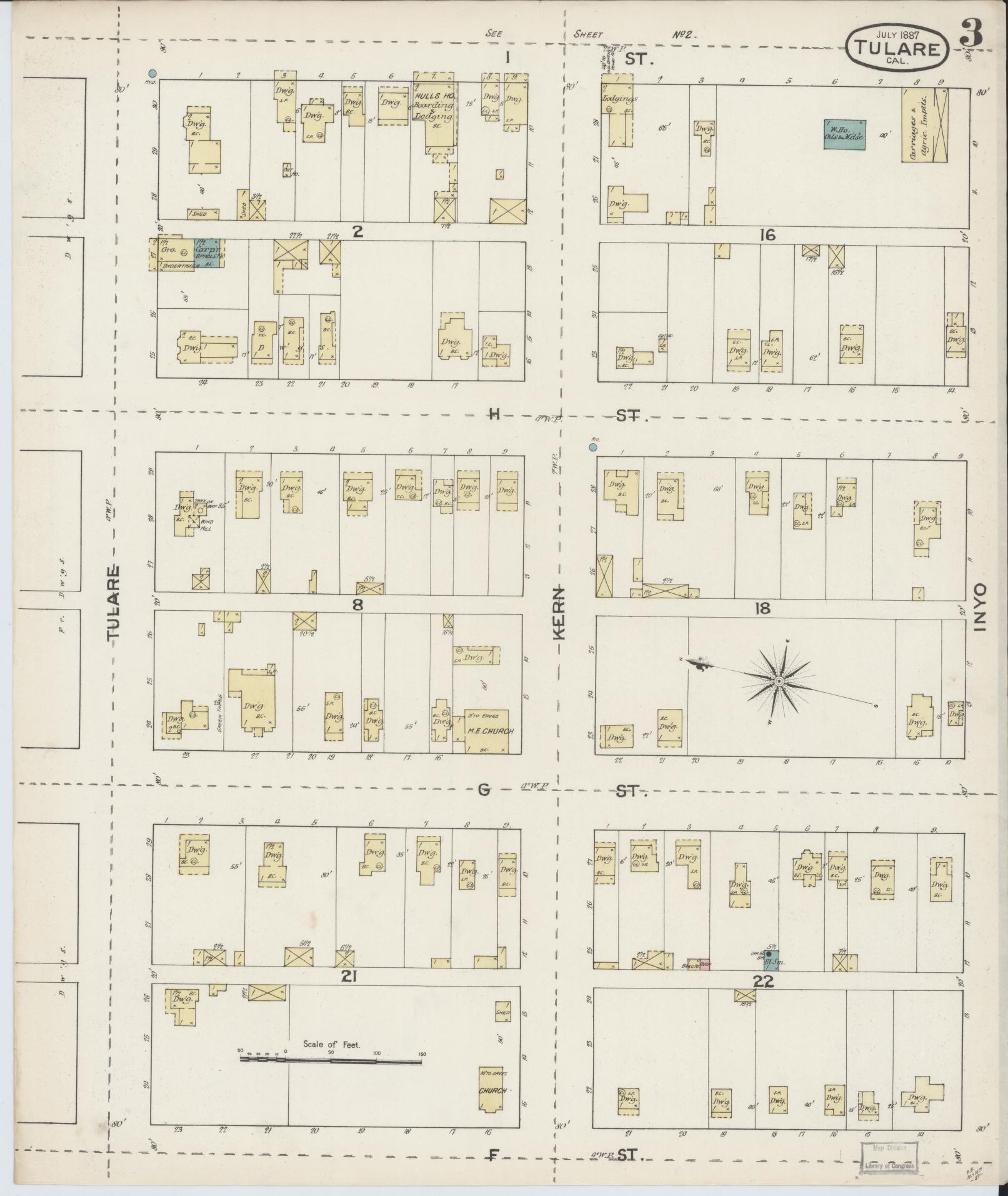 Sanborn Fire Insurance Map from Tulare, Tulare County, California (1887), Sheet #0003 - Complete Map Set gallery image, historic Sanborn map, vintage wall art, California California