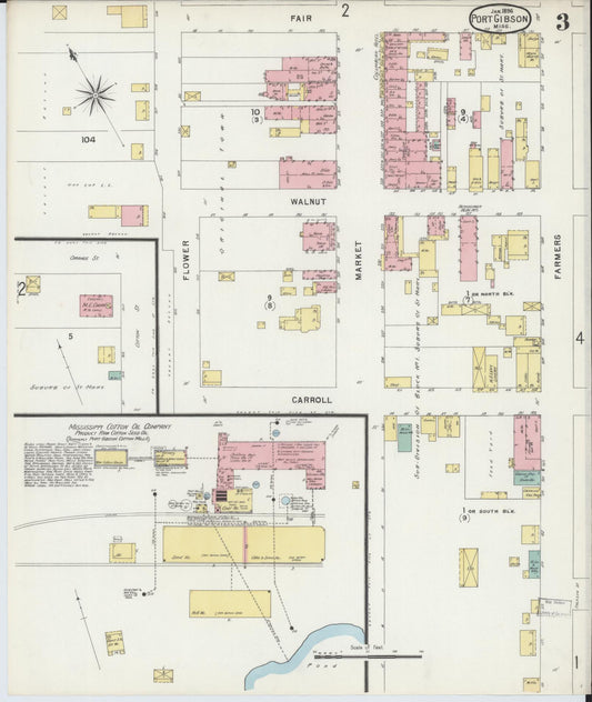 Sanborn Fire Insurance Map from Port Gibson, Claiborne County, Mississippi (1896), Sheet #0003 - Historic Sanborn Fire Insurance Map Print, vintage old map wall art, antique decor, genealogy gift, Mississippi Mississippi map