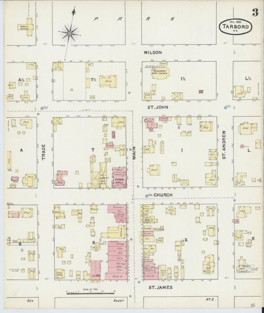 Sanborn Fire Insurance Map from Tarboro, Edgecombe County, North Carolina (1890), Sheet #0003 - Historic Sanborn Fire Insurance Map Print, vintage old map wall art, antique decor, genealogy gift, North Carolina North Carolina map