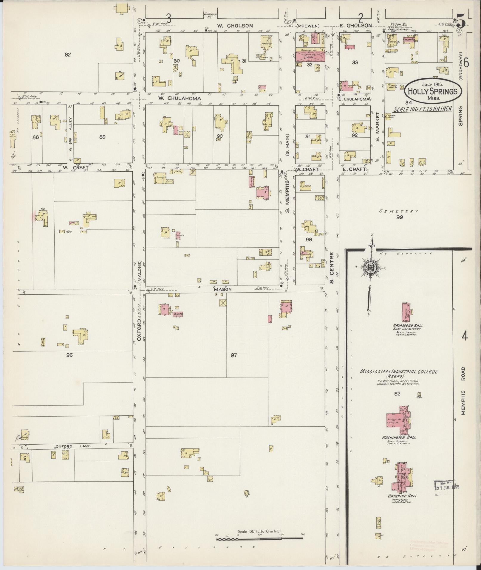 Sanborn Fire Insurance Map from Holly Springs, Marshall County, Mississippi (1915), Sheet #0005 - Historic Sanborn Fire Insurance Map Print, vintage old map wall art, antique decor, genealogy gift, Mississippi Mississippi map