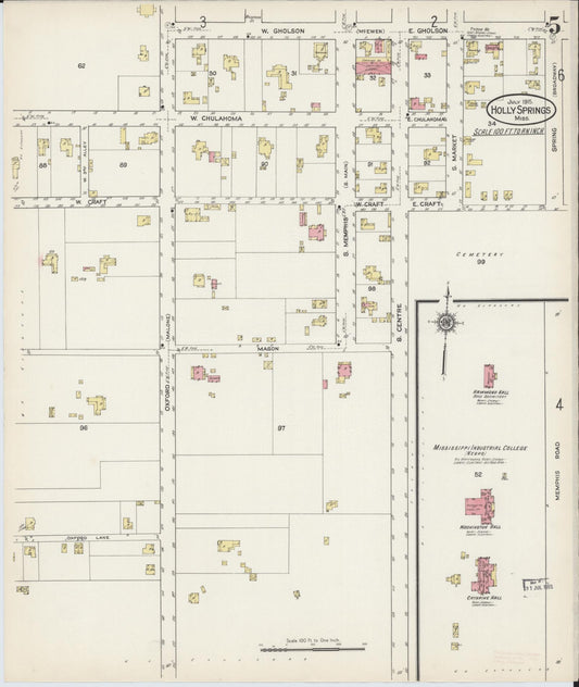 Sanborn Fire Insurance Map from Holly Springs, Marshall County, Mississippi (1915), Sheet #0005 - Historic Sanborn Fire Insurance Map Print, vintage old map wall art, antique decor, genealogy gift, Mississippi Mississippi map