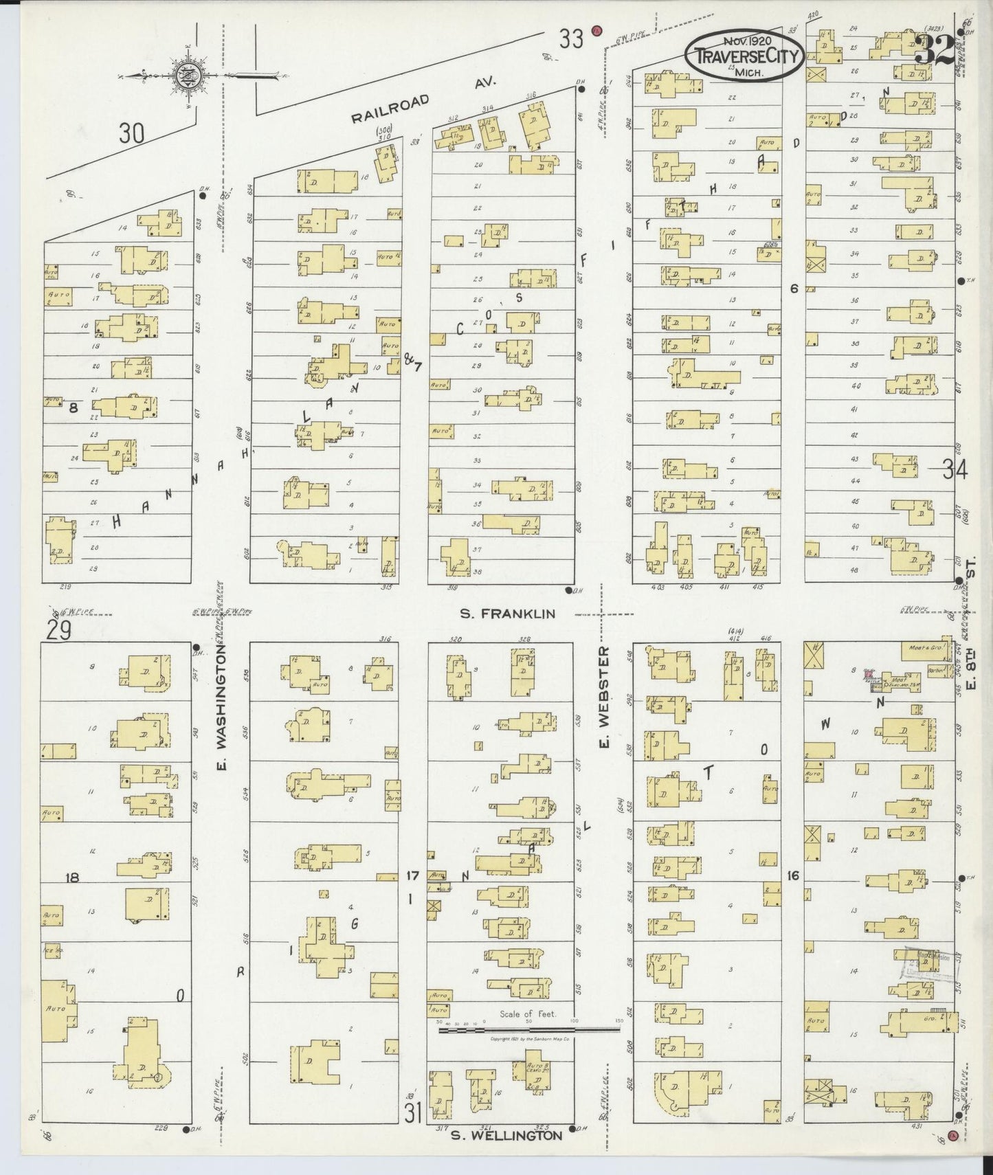 Sanborn Fire Insurance Map from Traverse City, Grand Traverse County, Michigan (1920), Sheet #0032 - Historic Sanborn Fire Insurance Map Print, vintage old map wall art, antique decor, genealogy gift, Michigan Michigan map