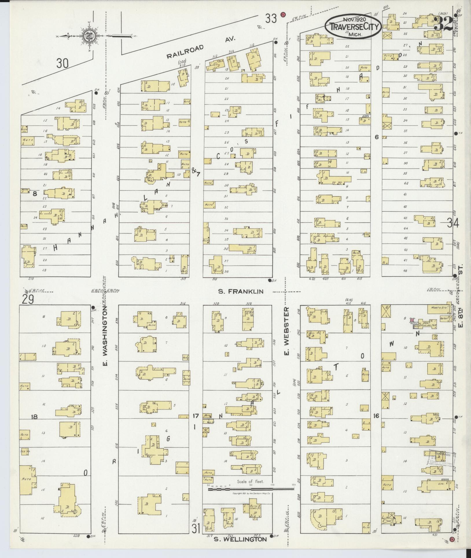 Sanborn Fire Insurance Map from Traverse City, Grand Traverse County, Michigan (1920), Sheet #0032 - Historic Sanborn Fire Insurance Map Print, vintage old map wall art, antique decor, genealogy gift, Michigan Michigan map