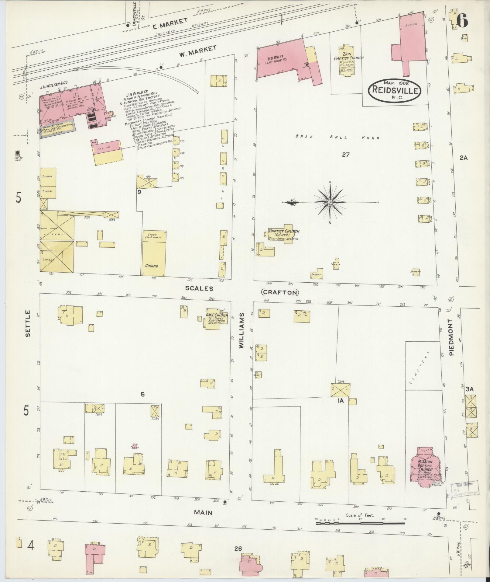 Sanborn Fire Insurance Map from Reidsville, Rockingham County, North Carolina (1908), Sheet #0006 - Complete Map Set gallery image, historic Sanborn map, vintage wall art, North Carolina North Carolina
