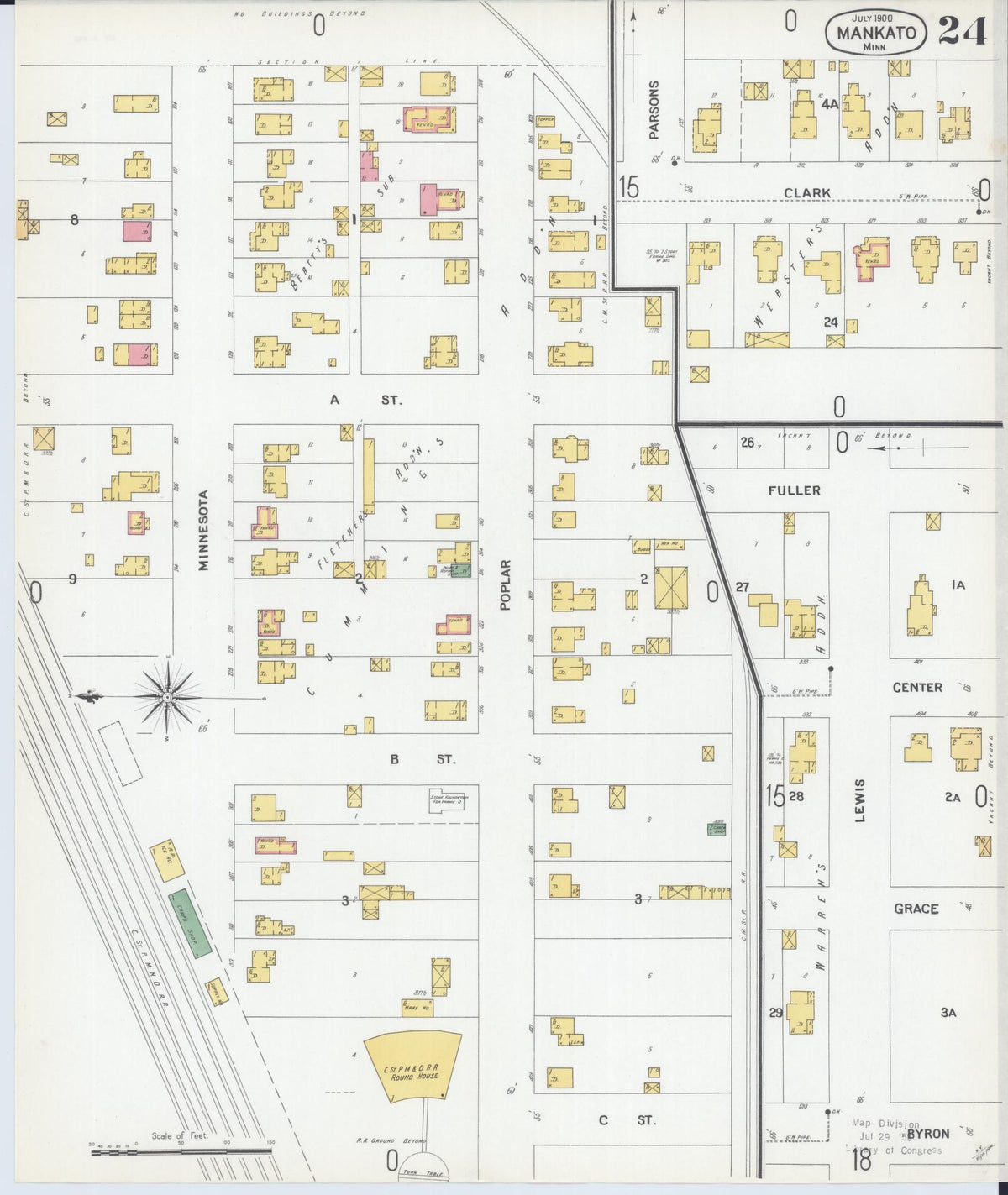 Sanborn Fire Insurance Map from Mankato, Blue Earth County, Minnesota (1900), Sheet #0024 - Historic Sanborn Fire Insurance Map Print, vintage old map wall art, antique decor, genealogy gift, Minnesota Minnesota map