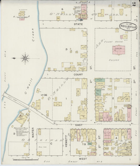 Sanborn Fire Insurance Map from Neillsville, Clark County, Wisconsin (1887), Sheet #0002 - Historic Sanborn Fire Insurance Map Print, vintage old map wall art, antique decor, genealogy gift, Wisconsin Wisconsin map