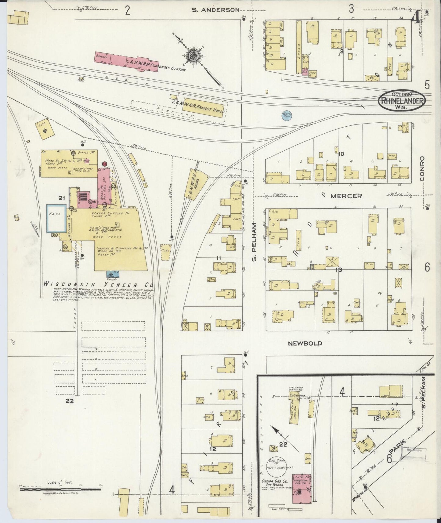 Sanborn Fire Insurance Map from Rhinelander, Oneida County, Wisconsin (1920), Sheet #0004 - Historic Sanborn Fire Insurance Map Print, vintage old map wall art, antique decor, genealogy gift, Wisconsin Wisconsin map