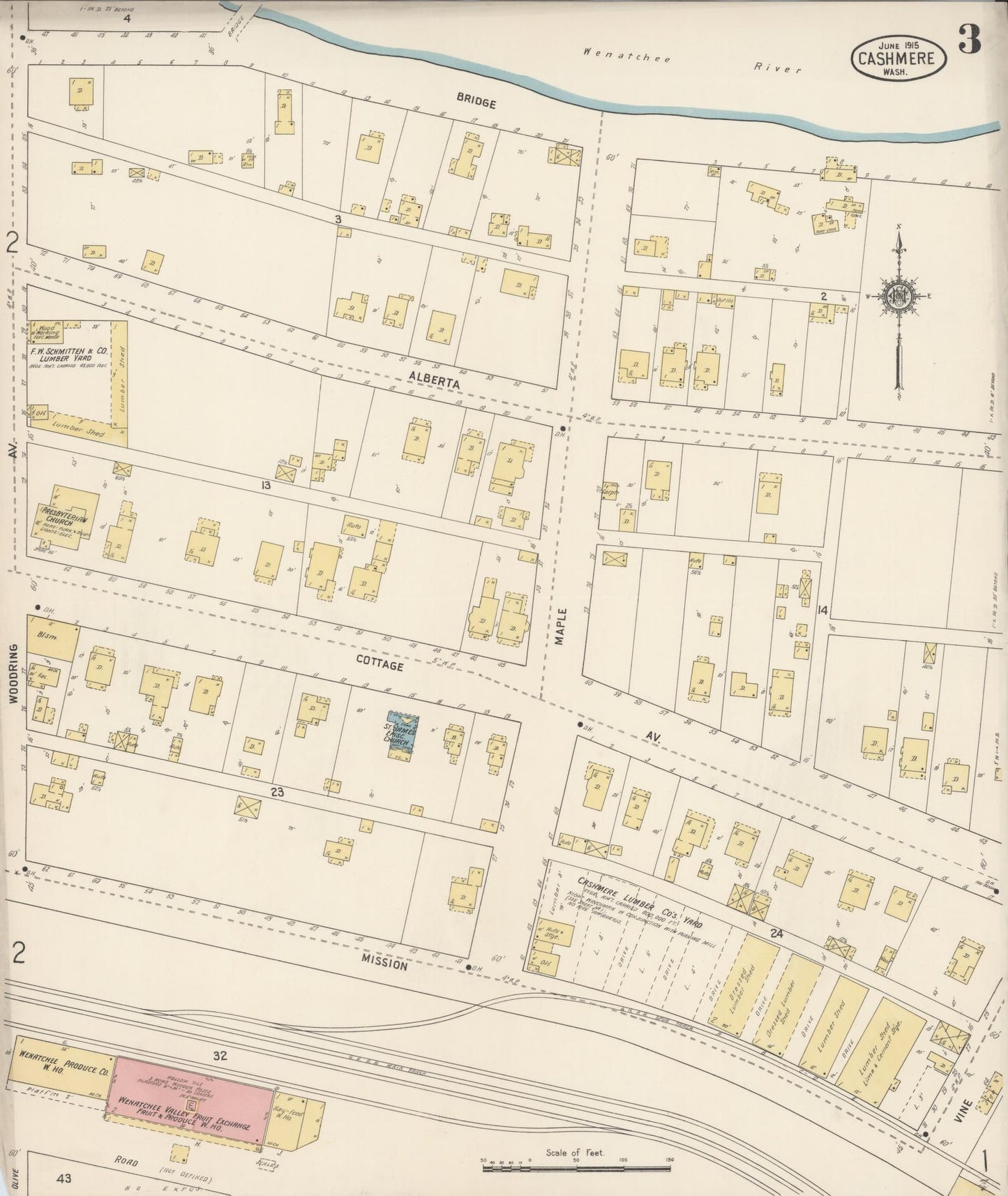 Sanborn Fire Insurance Map from Cashmere, Chelan County, Washington (1915), Sheet #0003 - Complete Map Set gallery image, historic Sanborn map, vintage wall art, Washington Washington