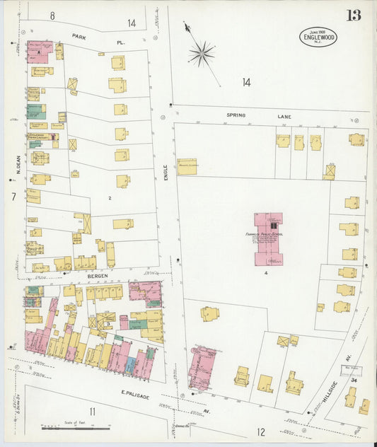 Sanborn Fire Insurance Map from Englewood, Bergen County, New Jersey (1908), Sheet #0013 - Historic Sanborn Fire Insurance Map Print, vintage old map wall art, antique decor, genealogy gift, New Jersey New Jersey map