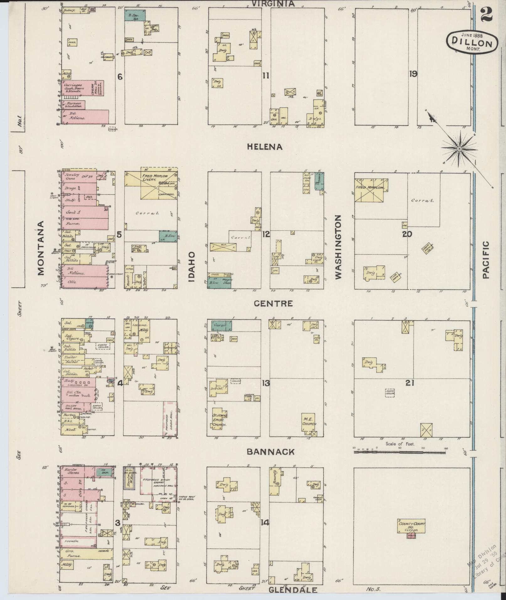 Sanborn Fire Insurance Map from Dillon, Beaverhead County, Montana (1888), Sheet #0002 - Historic Sanborn Fire Insurance Map Print, vintage old map wall art, antique decor, genealogy gift, Montana Montana map