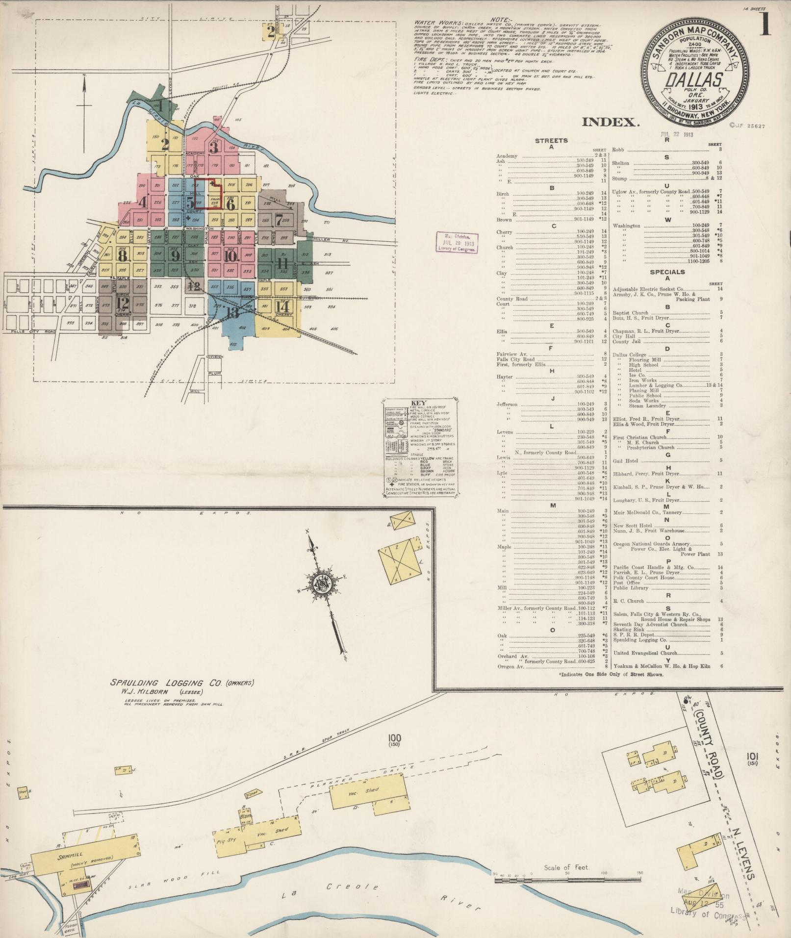 Sanborn Fire Insurance Map from Dallas, Polk County, Oregon (1913), Sheet #0001 - Historic Sanborn Fire Insurance Map Print, vintage old map wall art, antique decor, genealogy gift, Oregon Oregon map