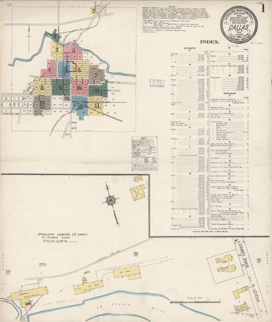 Sanborn Fire Insurance Map from Dallas, Polk County, Oregon (1913), Sheet #0001 - Historic Sanborn Fire Insurance Map Print, vintage old map wall art, antique decor, genealogy gift, Oregon Oregon map
