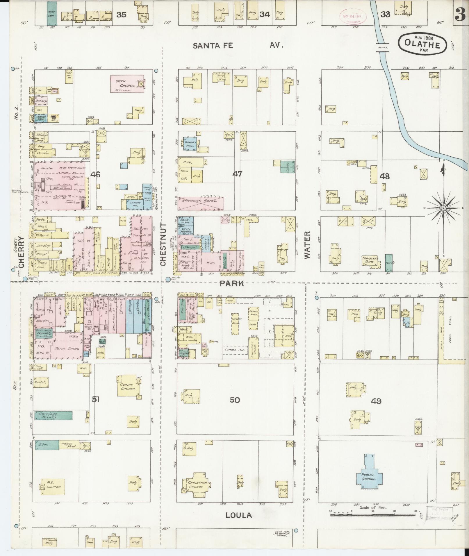 Sanborn Fire Insurance Map from Olathe, Johnson County, Kansas (1888), Sheet #0003 - Historic Sanborn Fire Insurance Map Print, vintage old map wall art, antique decor, genealogy gift, Kansas Kansas map