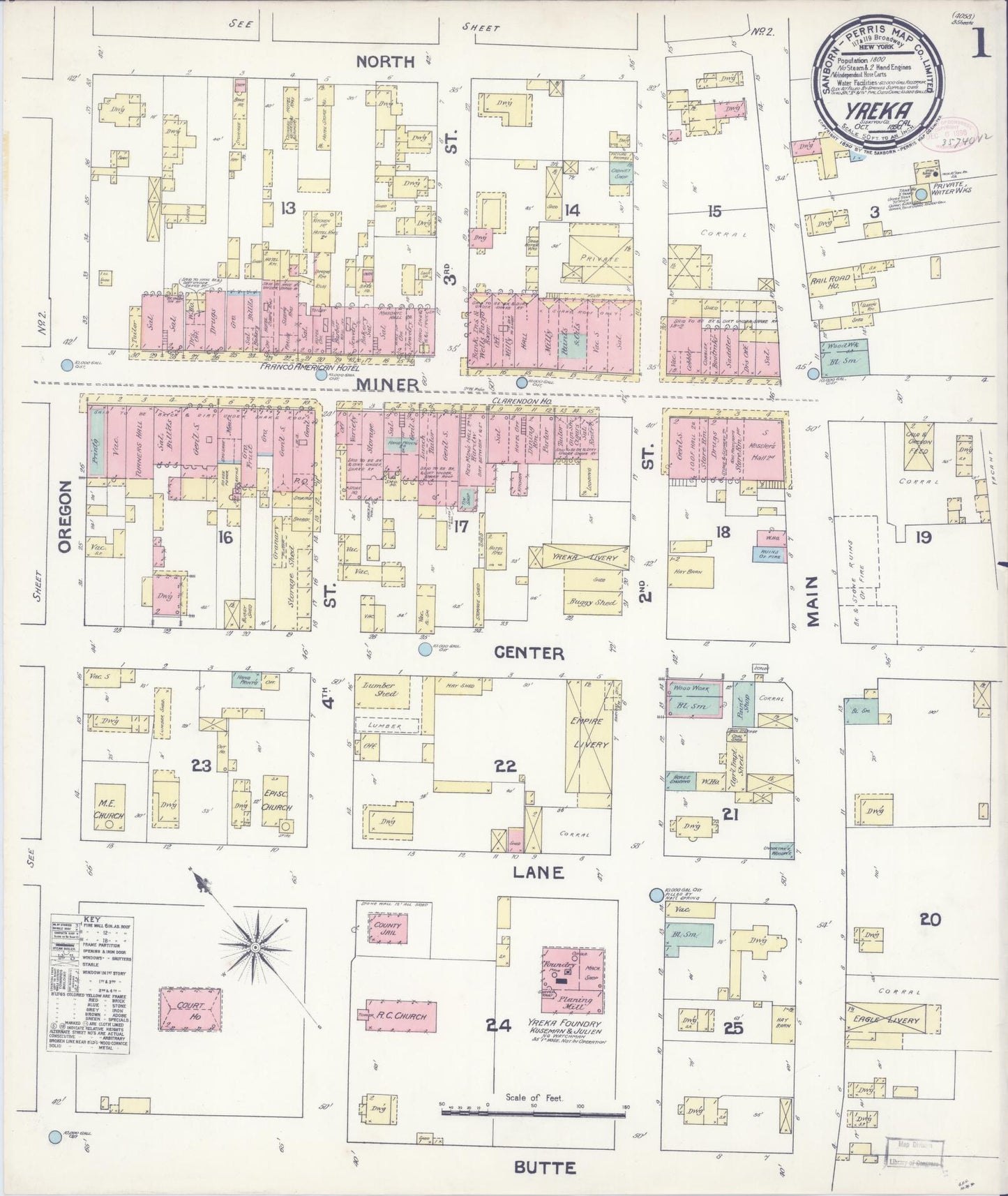 Sanborn Fire Insurance Map from Yreka, Siskiyou County, California (1890), Sheet #0001 - Complete Map Set gallery image, historic Sanborn map, vintage wall art, California California