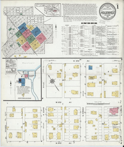 Sanborn Fire Insurance Map from Holdenville, Hughes County, Oklahoma (1920), Sheet #0001 - Complete Map Set gallery image, historic Sanborn map, vintage wall art, Oklahoma Oklahoma