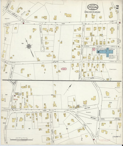 Sanborn Fire Insurance Map from Dedham, Norfolk County, Massachusetts (1917), Sheet #0002 - Historic Sanborn Fire Insurance Map Print, vintage old map wall art, antique decor, genealogy gift, Massachusetts Massachusetts map