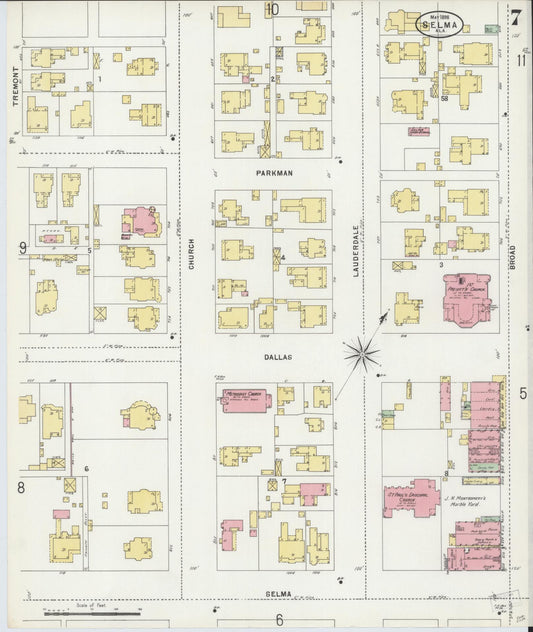 Sanborn Fire Insurance Map from Selma, Dallas County, Alabama (1898), Sheet #0007 - Historic Sanborn Fire Insurance Map Print, vintage old map wall art, antique decor, genealogy gift, Alabama Alabama map