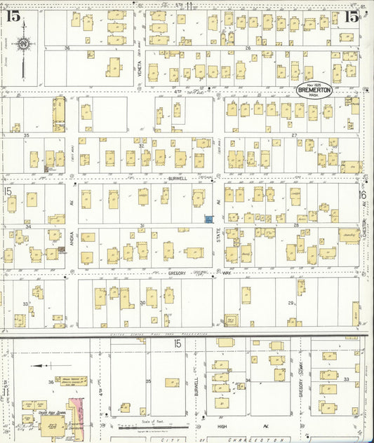 Sanborn Fire Insurance Map from Bremerton, Kitsap County, Washington (1925), Sheet #0015 - Historic Sanborn Fire Insurance Map Print, vintage old map wall art, antique decor, genealogy gift, Washington Washington map