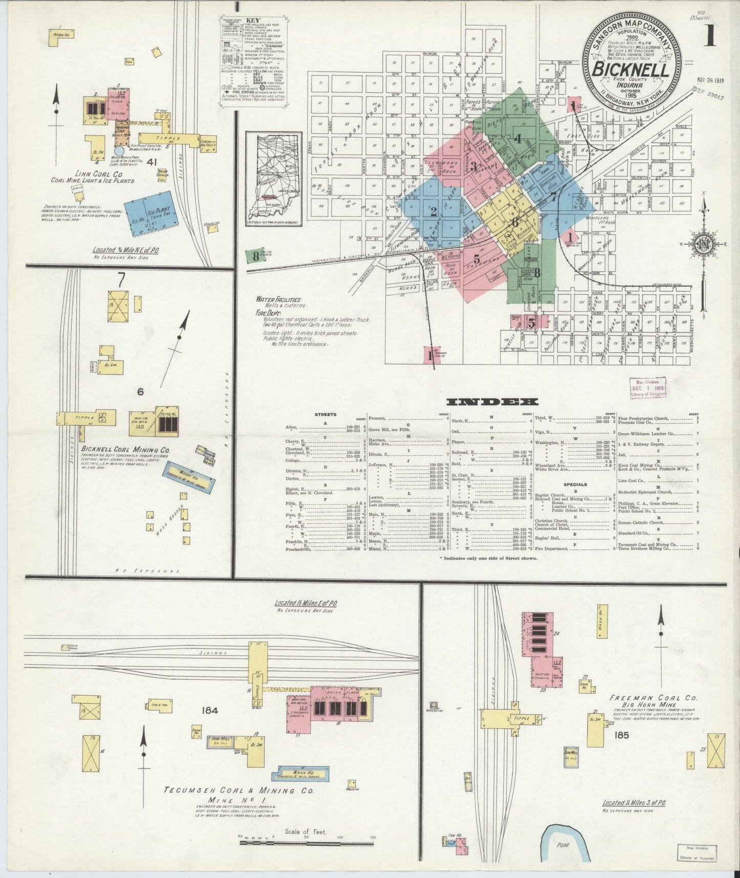 Sanborn Fire Insurance Map from Bicknell, Knox County, Indiana (1915), Sheet #0001 - Complete Map Set gallery image, historic Sanborn map, vintage wall art, Indiana Indiana