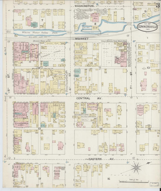 Sanborn Fire Insurance Map from Connersville, Fayette County, Indiana (1887), Sheet #0003 - Historic Sanborn Fire Insurance Map Print, vintage old map wall art, antique decor, genealogy gift, Indiana Indiana map