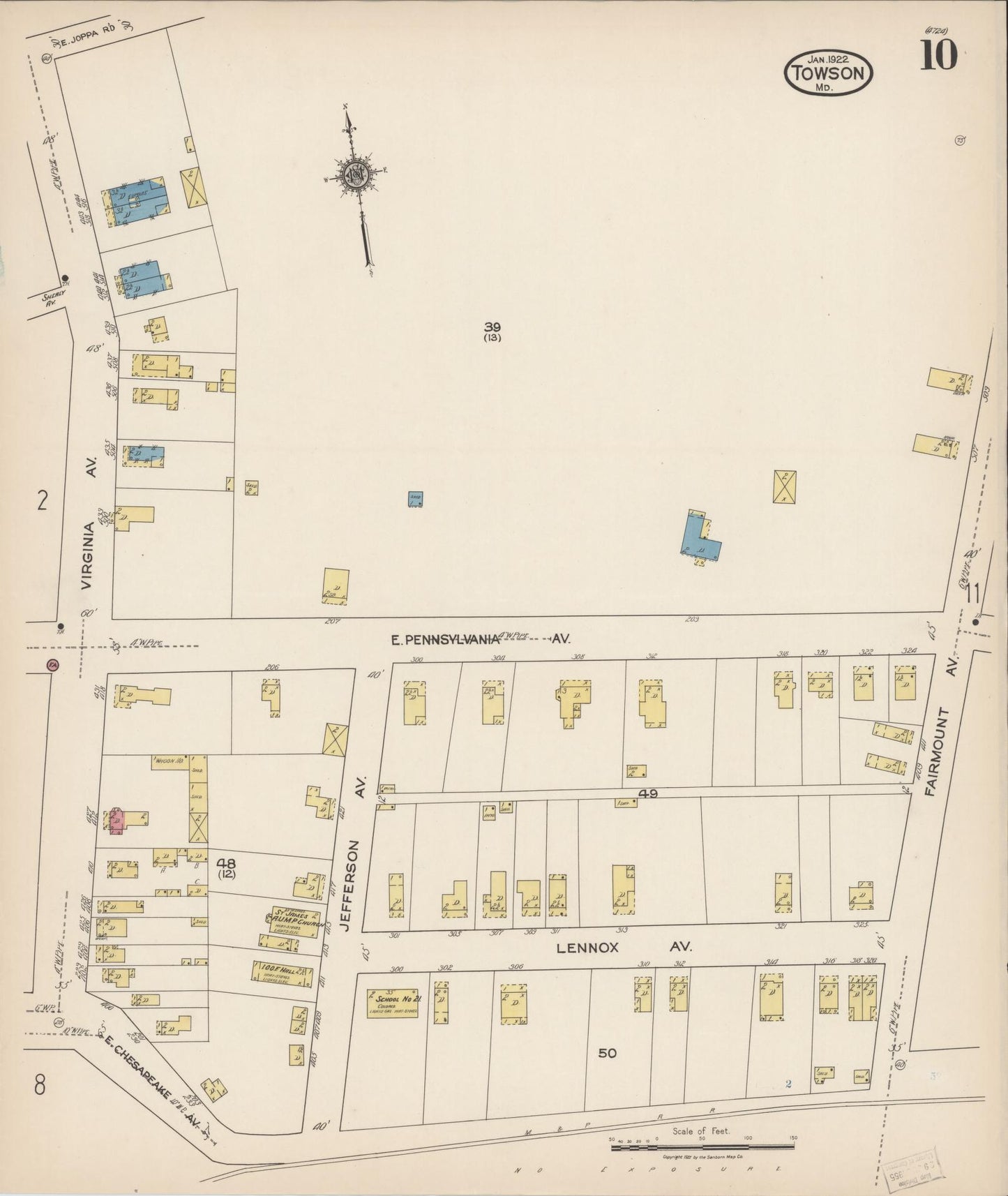 Sanborn Fire Insurance Map from Towson, Baltimore County, Maryland (1922), Sheet #0010 - Historic Sanborn Fire Insurance Map Print, vintage old map wall art