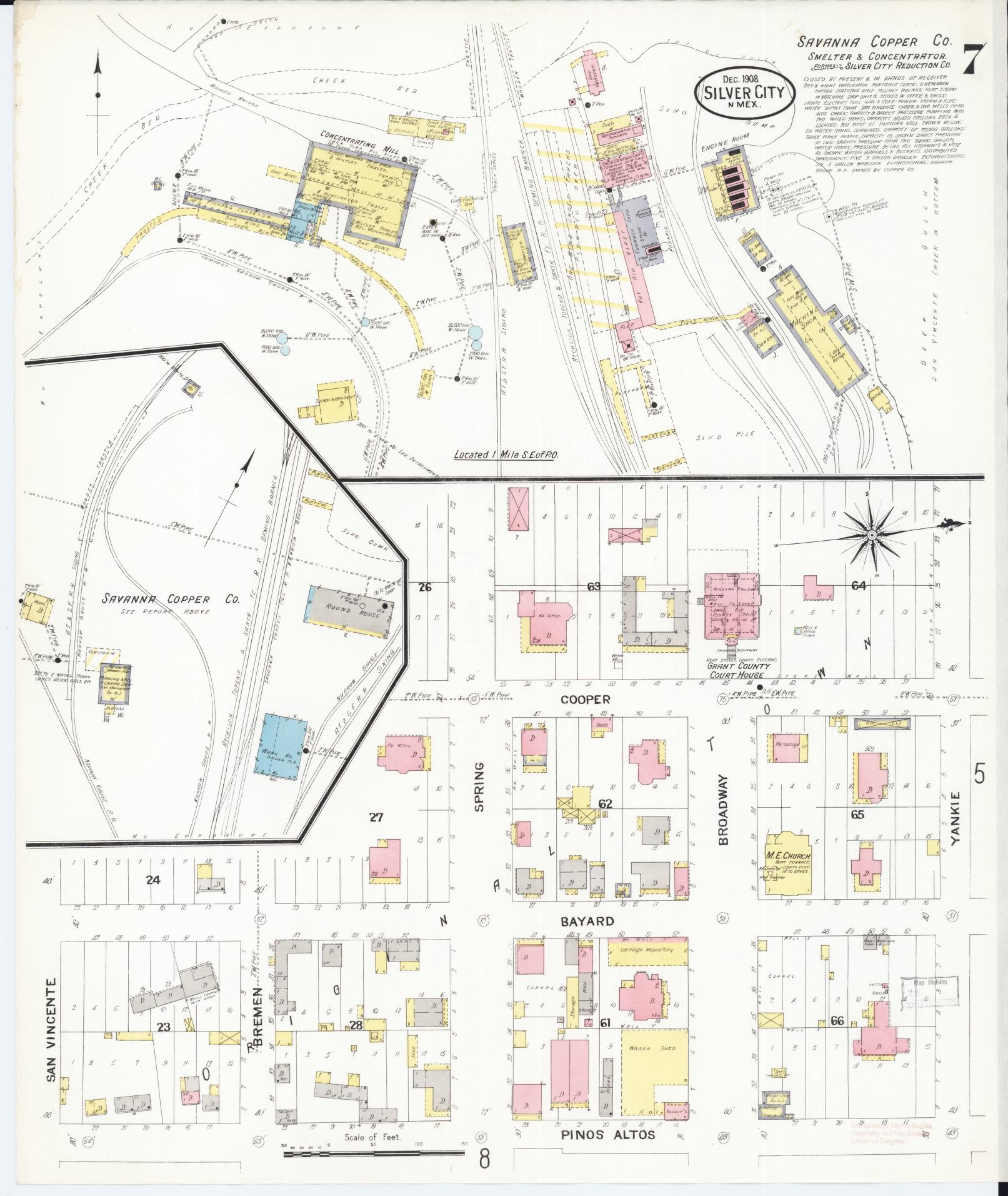Sanborn Fire Insurance Map from Silver City, Grant County, New Mexico (1908), Sheet #0007 - Historic Sanborn Fire Insurance Map Print, vintage old map wall art, antique decor, genealogy gift, New Mexico New Mexico map