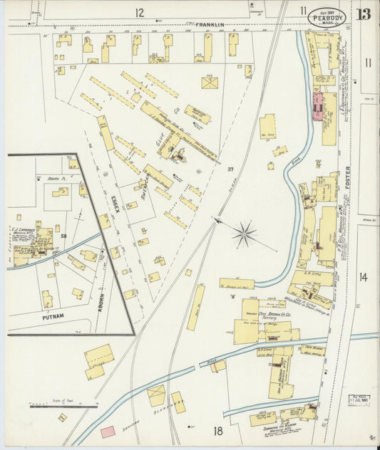 Sanborn Fire Insurance Map from Peabody, Essex County, Massachusetts (1897), Sheet #0013 - Historic Sanborn Fire Insurance Map Print, vintage old map wall art, antique decor, genealogy gift, Massachusetts Massachusetts map