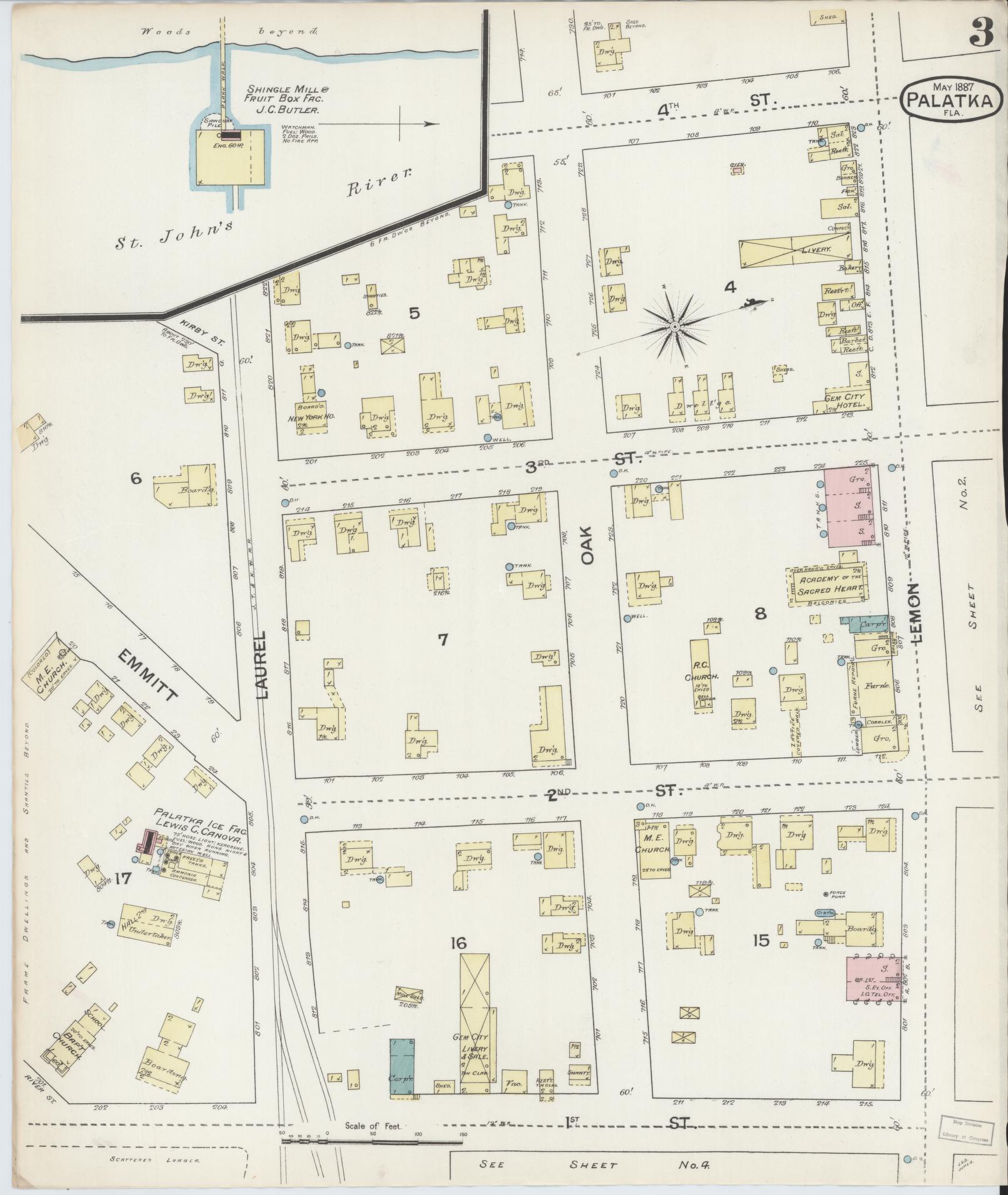 Sanborn Fire Insurance Map from Palatka, Putnam County, Florida (1887), Sheet #0003 - Historic Sanborn Fire Insurance Map Print, vintage old map wall art, antique decor, genealogy gift, Florida Florida map