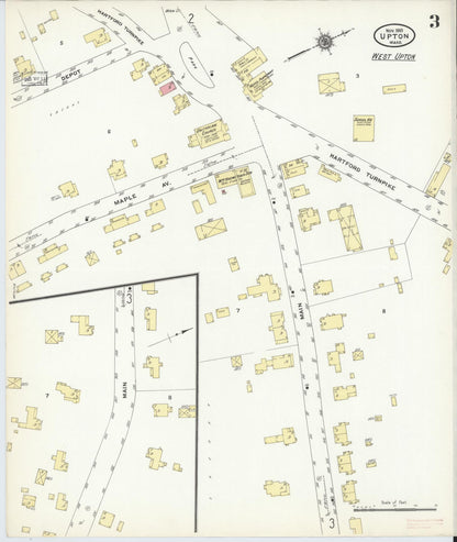 Sanborn Fire Insurance Map from Upton, Worcester County, Massachusetts (1910), Sheet #0003 - Historic Sanborn Fire Insurance Map Print, vintage old map wall art, antique decor, genealogy gift, Massachusetts Massachusetts map