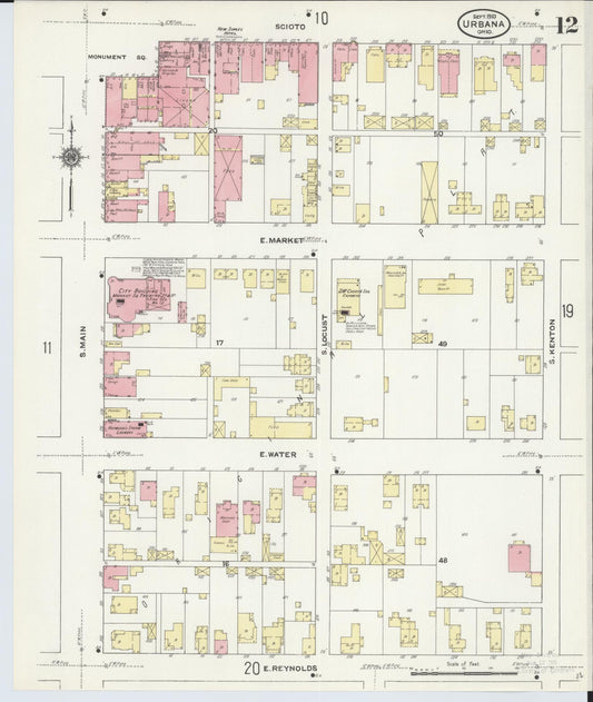 Sanborn Fire Insurance Map from Urbana, Champaign County, Ohio (1910), Sheet #0012 - Historic Sanborn Fire Insurance Map Print, vintage old map wall art, antique decor, genealogy gift, Ohio Ohio map