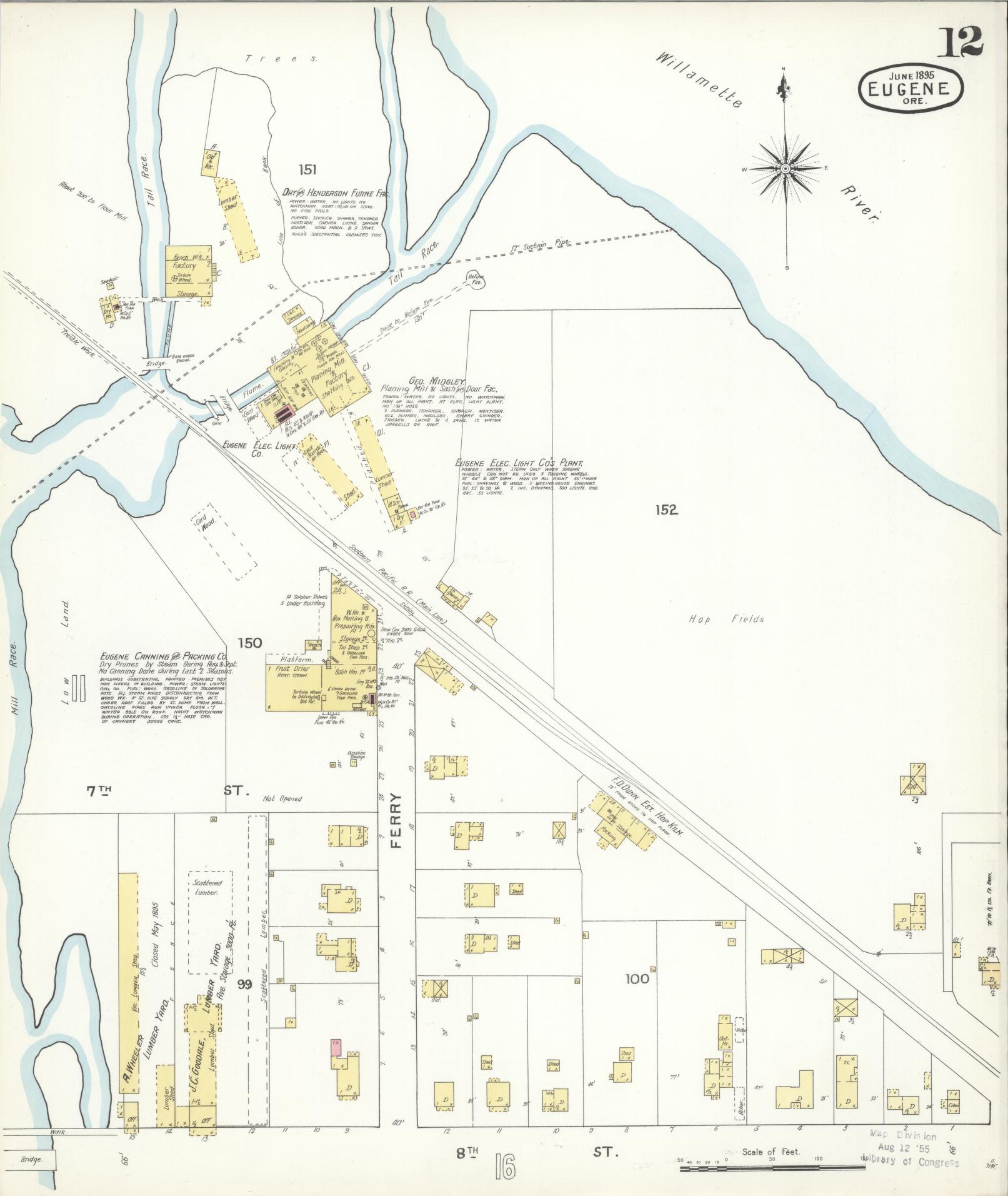 Sanborn Fire Insurance Map from Eugene, Lane County, Oregon (1896), Sheet #0012 - Historic Sanborn Fire Insurance Map Print, vintage old map wall art, antique decor, genealogy gift, Oregon Oregon map