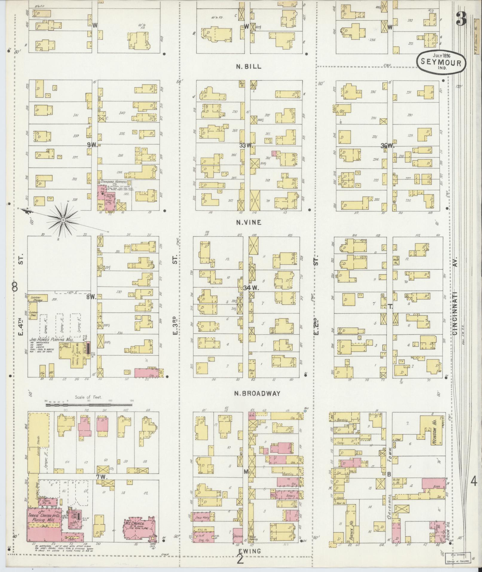 Sanborn Fire Insurance Map from Seymour, Jackson County, Indiana (1896), Sheet #0003 - Complete Map Set gallery image, historic Sanborn map, vintage wall art, Indiana Indiana