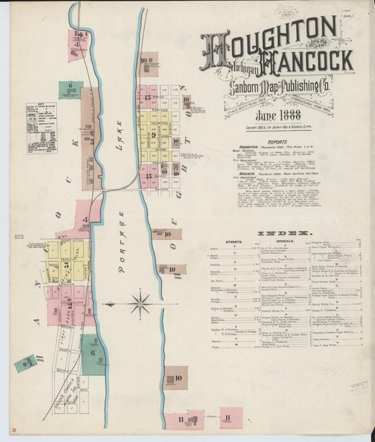 Sanborn Fire Insurance Map from Houghton, Houghton County, Michigan (1888), Sheet #0001 - Historic Sanborn Fire Insurance Map Print, vintage old map wall art, antique decor, genealogy gift, Michigan Michigan map
