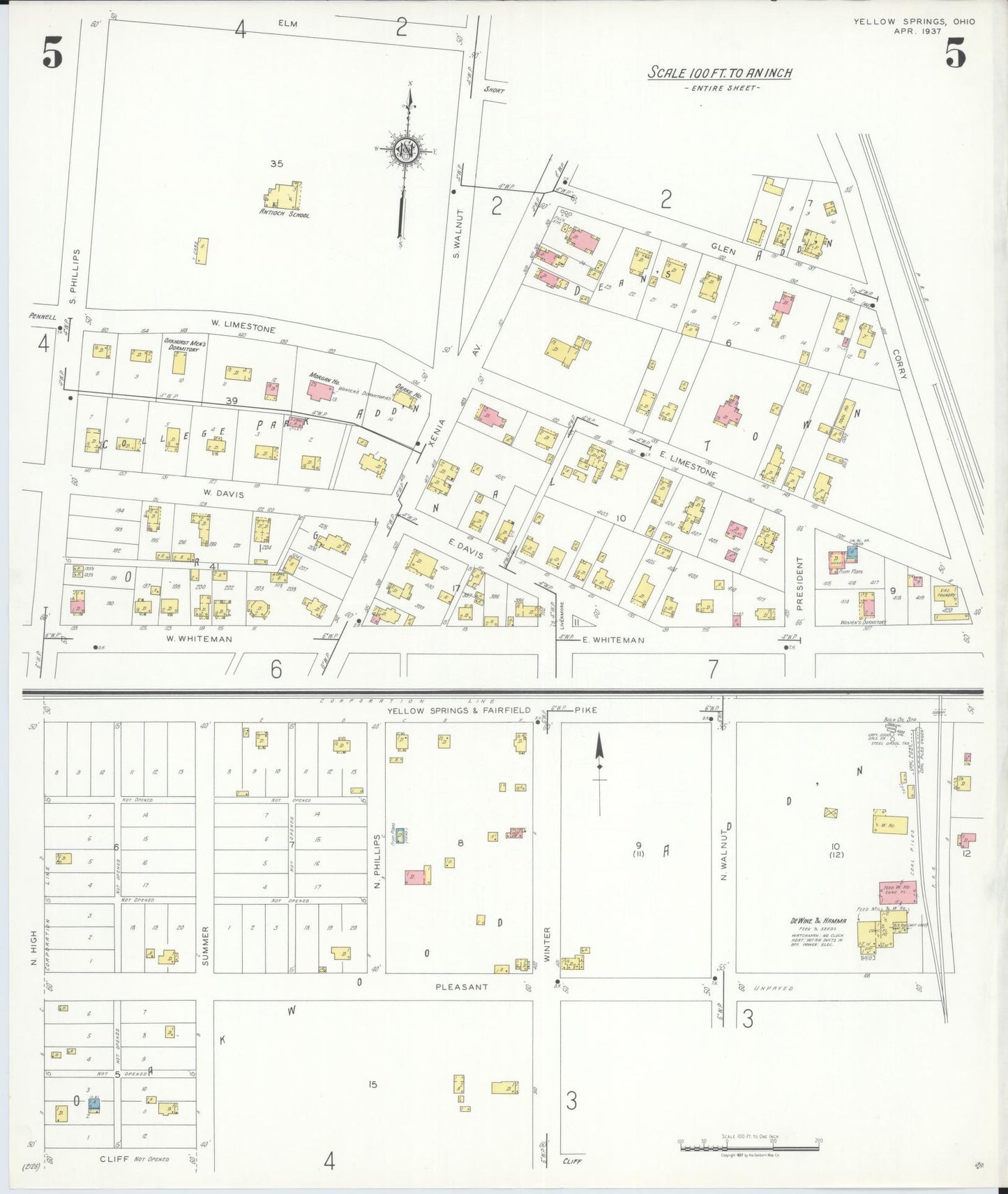 Sanborn Fire Insurance Map from Yellow Springs, Greene County, Ohio (1937), Sheet #0005 - Complete Map Set gallery image, historic Sanborn map, vintage wall art, Ohio Ohio